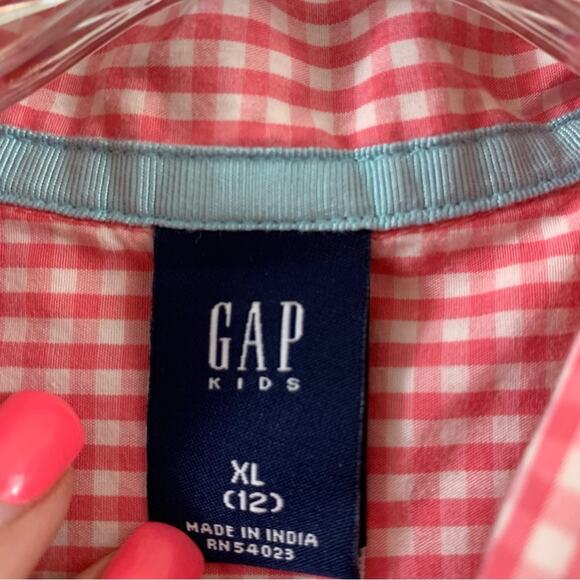 GAP Kids Gingham Short Sleeve Fit & Flare Midi Pink/White/Sky Blue Dress - Picture 2 of 4